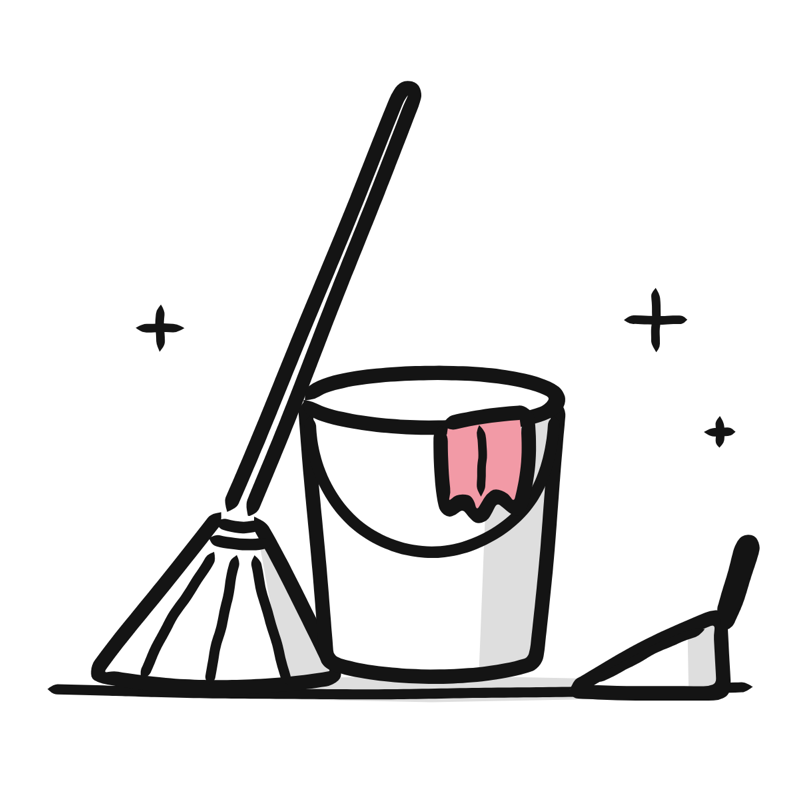 Cleaning the house: a simple Big Heads style line drawing