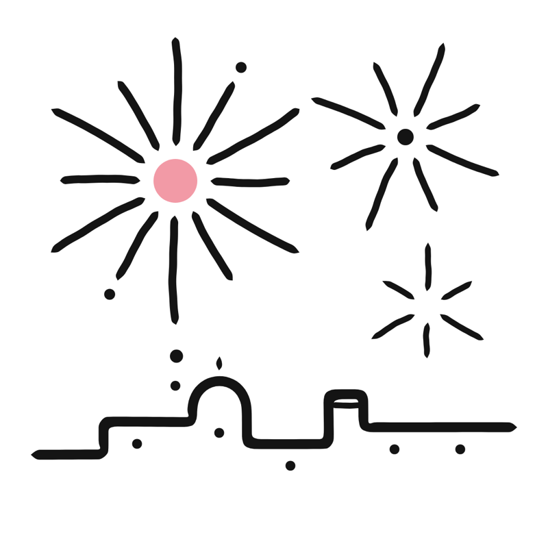 Fireworks in the sky: a simple Big Heads style line drawing