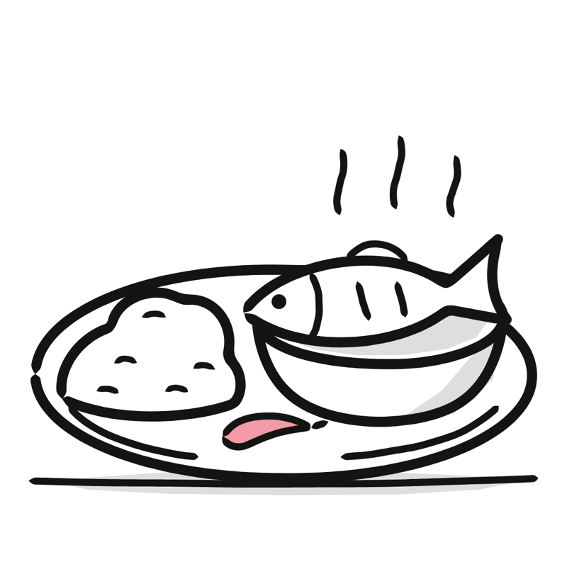 Fish curry and rice: a simple Big Heads style line drawing