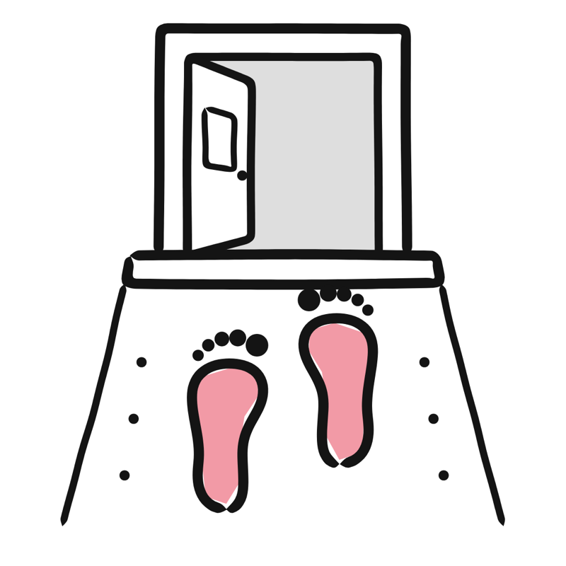Footprints at the door: a simple Big Heads style line drawing