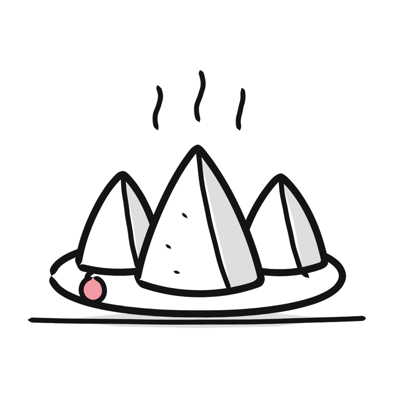 Plate of samosas: a simple Big Heads style line drawing