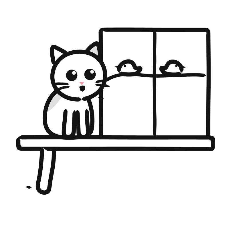 Watching birds at the window: a simple Big Heads style line drawing