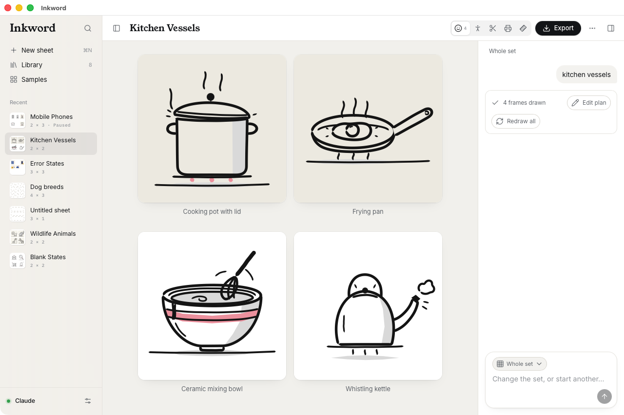 Inkword for Mac with a cooking pot, frying pan, mixing bowl and kettle drawn as a matching set